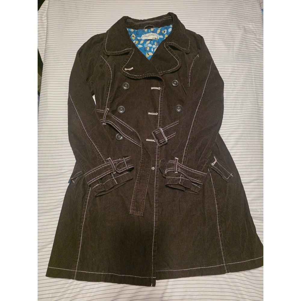 1057 Merona Womens Brn Corduroy Trench Coat Belted Double Breasted Jacket Size M